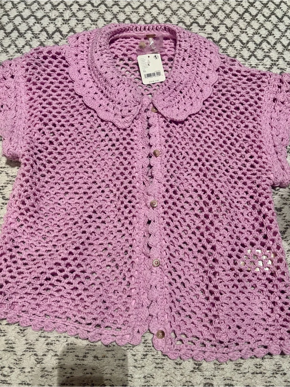 Free People Lily Crochet Top Embroidered Buttonddown Candy Lilac Cropped XL NEW - Picture 4 of 8
